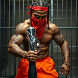 A close-up of a muscular African American gang member in a prison cell