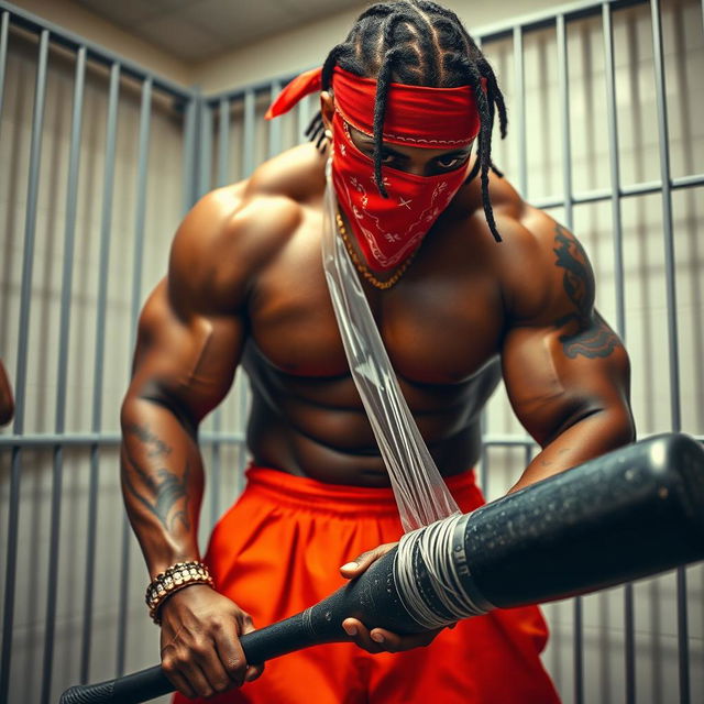 A close-up of a muscular African American gang member in a prison cell