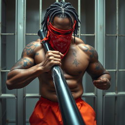 A close-up of a muscular African American gang member in a prison cell