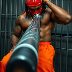 A close-up of a muscular African American gang member in a prison cell