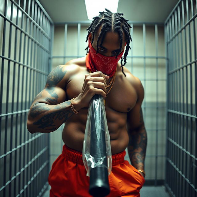 a close-up of a muscular African American gang member in a prison cell, wearing baggy orange pants and a red bandana mask covering his nose and mouth