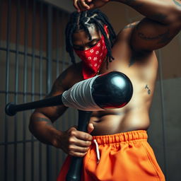 a close-up of a muscular African American gang member in a prison cell, wearing baggy orange pants and a red bandana mask covering his nose and mouth