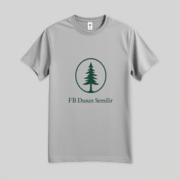 A plain grey t-shirt featuring a pine tree logo and the text 'FB Dusun Semilir' on the front, elegantly displayed against a neutral background