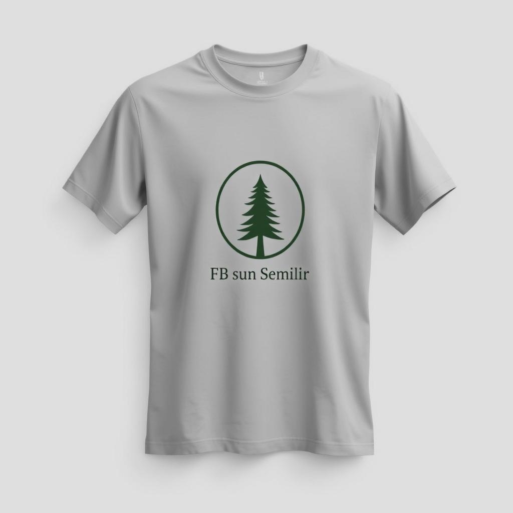 A plain grey t-shirt featuring a pine tree logo and the text 'FB Dusun Semilir' on the front, elegantly displayed against a neutral background