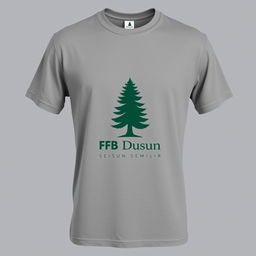 A plain grey t-shirt featuring a pine tree logo and the text 'FB Dusun Semilir' on the front, elegantly displayed against a neutral background