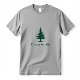 A plain grey t-shirt featuring a pine tree logo and the text 'FB Dusun Semilir' on the front, elegantly displayed against a neutral background