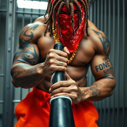 A close-up of a muscular African American gang member with detailed cornrows and a prominent gold chain necklace