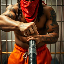 A close-up of a muscular African American gang member with detailed cornrows and a prominent gold chain necklace