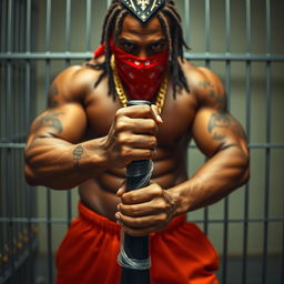 A close-up of a muscular African American gang member with detailed cornrows and a prominent gold chain necklace