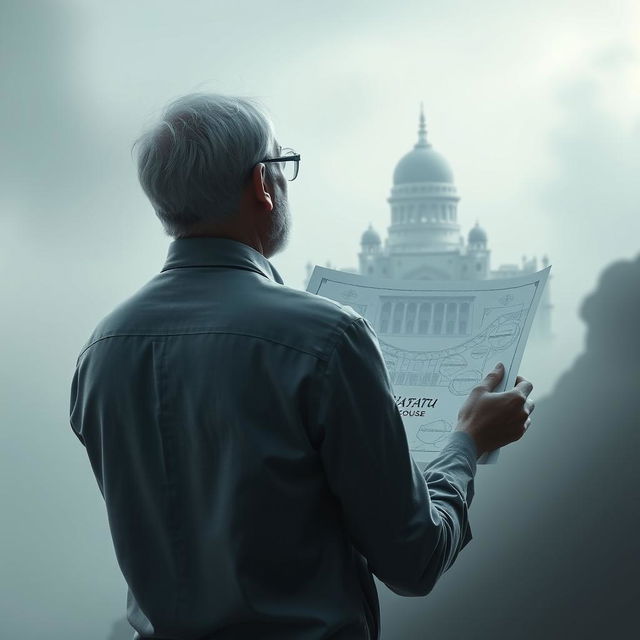 A mysterious image in light colors showing a 40-year-old European architect with a small beard and white hair, standing with his back to the viewer