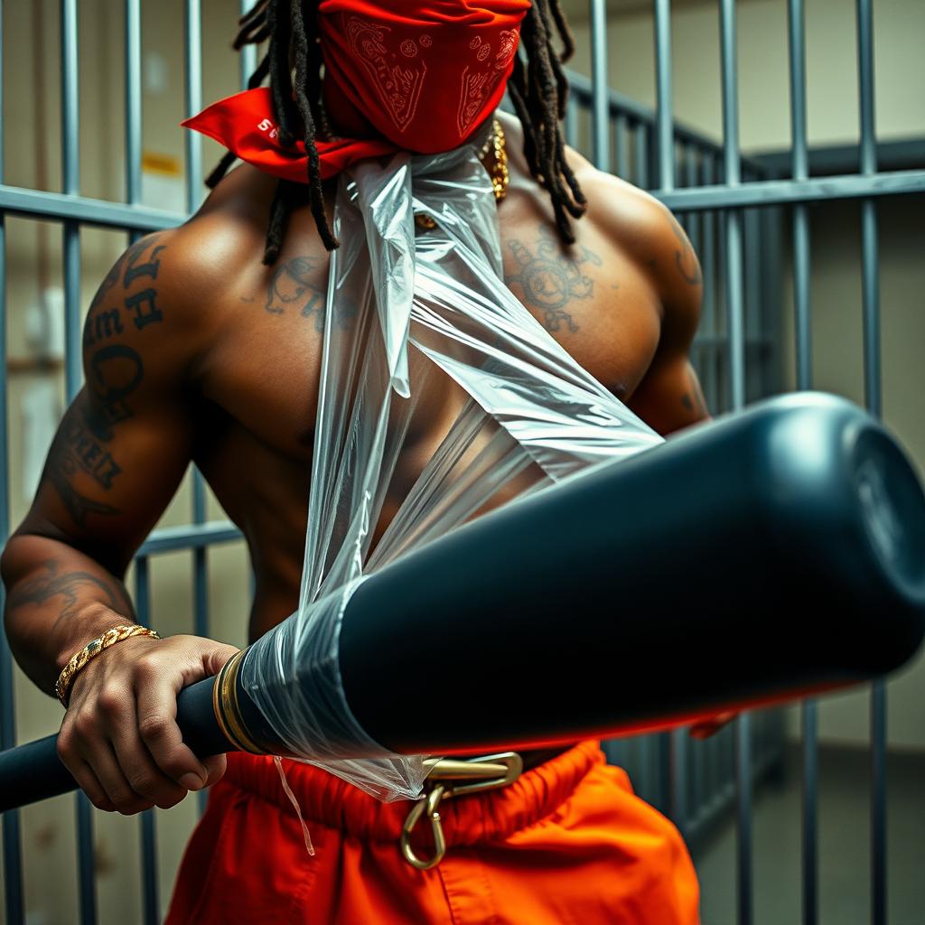 Close-up of a muscular African American gang member in a prison cell, wearing baggy orange pants and a red bandana mask covering his nose and mouth