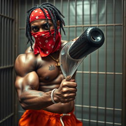 Close-up of a muscular African American gang member in a prison cell, wearing baggy orange pants and a red bandana mask covering his nose and mouth