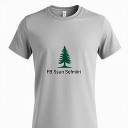 A plain grey t-shirt with a pine tree logo and the text 'FB Dusun Semilir' on the chest, elegantly displayed against a neutral background