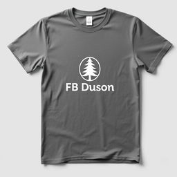 A plain grey t-shirt with a pine tree logo and the text 'FB Dusun Semilir' on the chest, elegantly displayed against a neutral background