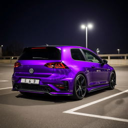 A Volkswagen Golf 7R Phase 2 with metallic violet paint parked in a dimly lit parking lot at night