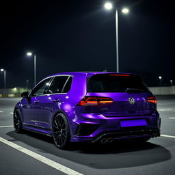 A Volkswagen Golf 7R Phase 2 with metallic violet paint parked in a dimly lit parking lot at night