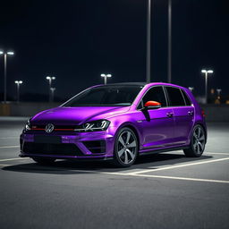 A Volkswagen Golf 7R Phase 2 with metallic violet paint parked in a dimly lit parking lot at night