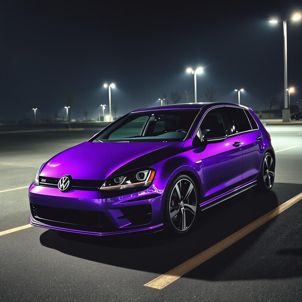 A Volkswagen Golf 7R Phase 2 with metallic violet paint parked in a dimly lit parking lot at night