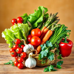 A vibrant still life composition featuring an assortment of colorful vegetables, including cherry tomatoes, crispy lettuce leaves, a bundle of fresh asparagus, carrots with their green tops, a bulb of garlic, and a red bell pepper, all arranged artfully in a woven basket or on a rustic wooden table