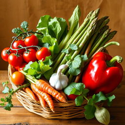 A vibrant still life composition featuring an assortment of colorful vegetables, including cherry tomatoes, crispy lettuce leaves, a bundle of fresh asparagus, carrots with their green tops, a bulb of garlic, and a red bell pepper, all arranged artfully in a woven basket or on a rustic wooden table