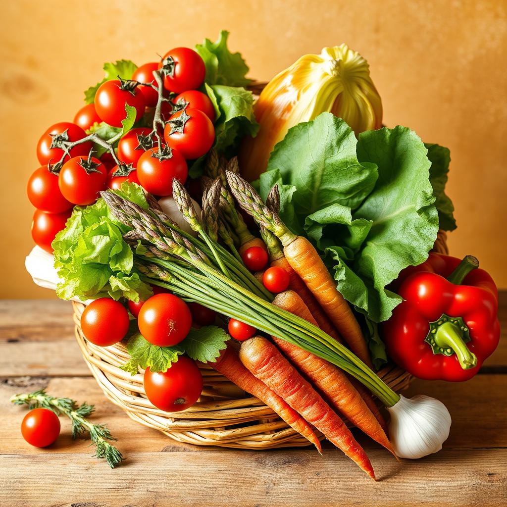 A vibrant still life composition featuring an assortment of colorful vegetables, including cherry tomatoes, crispy lettuce leaves, a bundle of fresh asparagus, carrots with their green tops, a bulb of garlic, and a red bell pepper, all arranged artfully in a woven basket or on a rustic wooden table