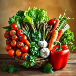 A vibrant still life composition featuring an assortment of colorful vegetables, including cherry tomatoes, crispy lettuce leaves, a bundle of fresh asparagus, carrots with their green tops, a bulb of garlic, and a red bell pepper, all arranged artfully in a woven basket or on a rustic wooden table