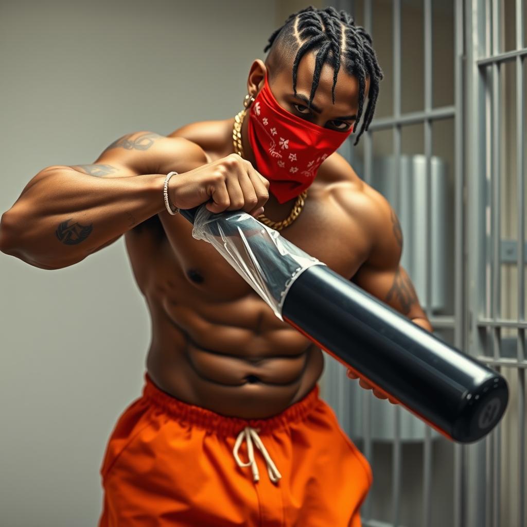 A close-up of a muscular African American gang member standing in a prison cell