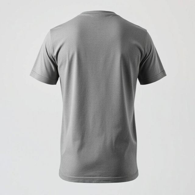 A plain grey t-shirt viewed from the back, set against a neutral background