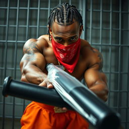 A close-up of a muscular African American gang member standing in a prison cell