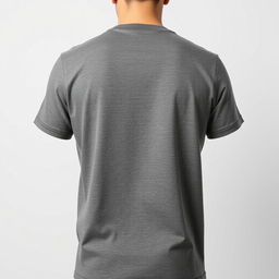 A plain grey t-shirt viewed from the back, set against a neutral background