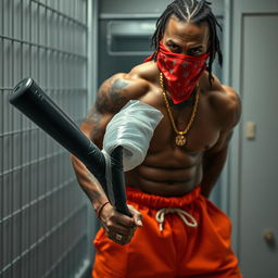 A close-up of a muscular African American gang member standing in a prison cell