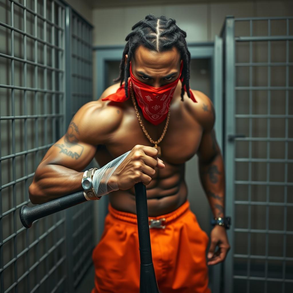 A close-up of a muscular African American gang member standing in a prison cell