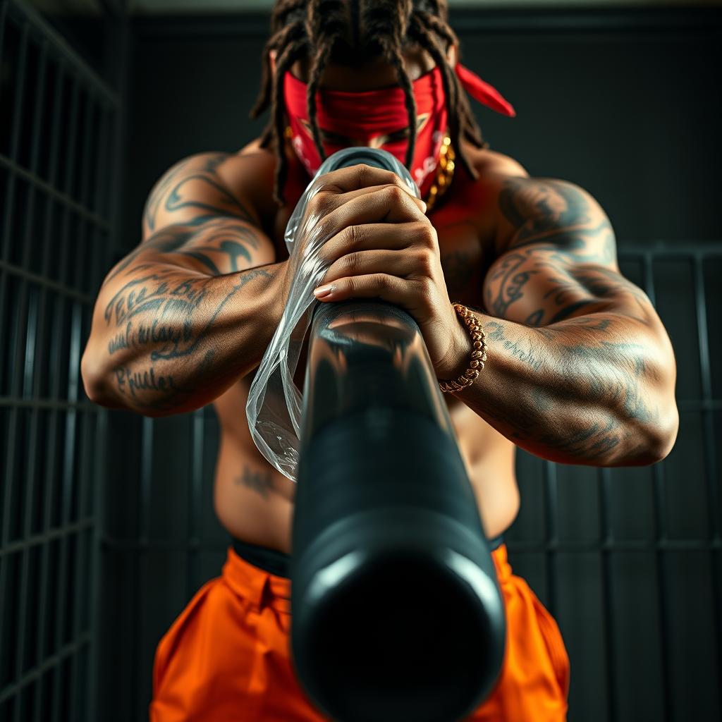 Close-up of a muscular African American gang member