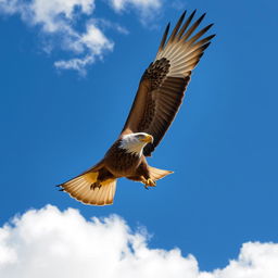 Majestic eagle with outstretched wings soaring through the clear blue sky, surrounded by fluffy white clouds