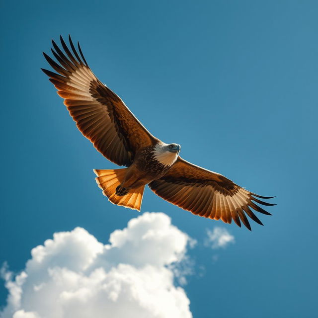 Majestic eagle with outstretched wings soaring through the clear blue sky, surrounded by fluffy white clouds