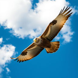 Majestic eagle with outstretched wings soaring through the clear blue sky, surrounded by fluffy white clouds