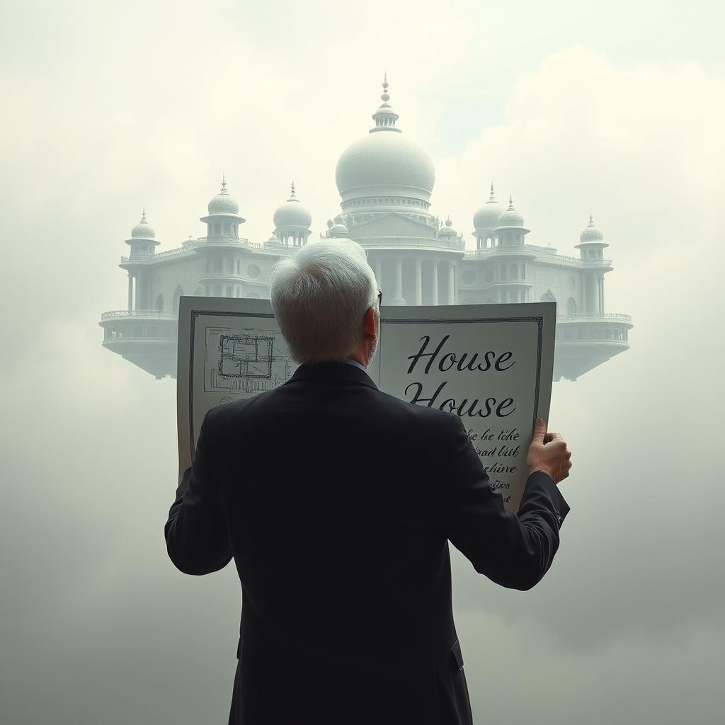 A mysterious image in light colors showing a 40-year-old European architect with a small beard and white hair, standing with his back to the viewer