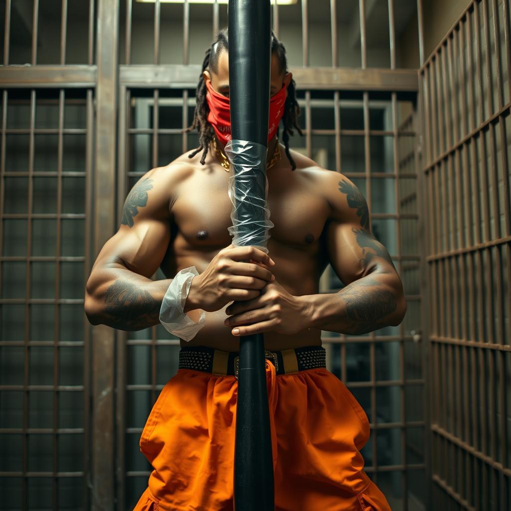 A muscular African American gang member forcefully pulling a clear rubber sleeve over the end of a large black baseball bat, causing the sleeve to stretch see-through at the sides