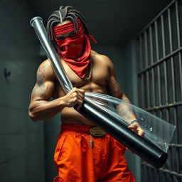 A muscular African American gang member forcefully pulling a clear rubber sleeve over the end of a large black baseball bat, causing the sleeve to stretch see-through at the sides