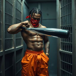 A muscular African American gang member forcefully pulling a clear rubber sleeve over the end of a large black baseball bat, causing the sleeve to stretch see-through at the sides