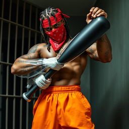 A muscular African American gang member forcefully pulling a clear rubber sleeve over the end of a large black baseball bat, causing the sleeve to stretch see-through at the sides