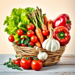 A vibrant still life composition featuring an assortment of colorful vegetables, including cherry tomatoes, crispy lettuce leaves, a bundle of fresh asparagus, carrots with their green tops, a bulb of garlic, and a red bell pepper, all arranged artfully in a woven basket or on a rustic wooden table