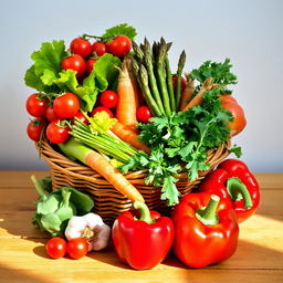 A vibrant still life composition featuring an assortment of colorful vegetables, including cherry tomatoes, crispy lettuce leaves, a bundle of fresh asparagus, carrots with their green tops, a bulb of garlic, and a red bell pepper, all arranged artfully in a woven basket or on a rustic wooden table