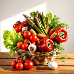 A vibrant still life composition featuring an assortment of colorful vegetables, including cherry tomatoes, crispy lettuce leaves, a bundle of fresh asparagus, carrots with their green tops, a bulb of garlic, and a red bell pepper, all arranged artfully in a woven basket or on a rustic wooden table