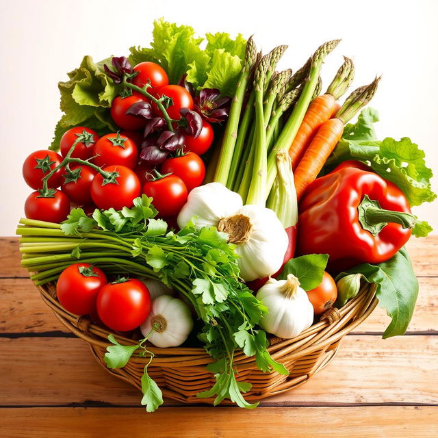 A vibrant still life composition featuring an assortment of colorful vegetables, including cherry tomatoes, crispy lettuce leaves, a bundle of fresh asparagus, carrots with their green tops, a bulb of garlic, and a red bell pepper, all arranged artfully in a woven basket or on a rustic wooden table