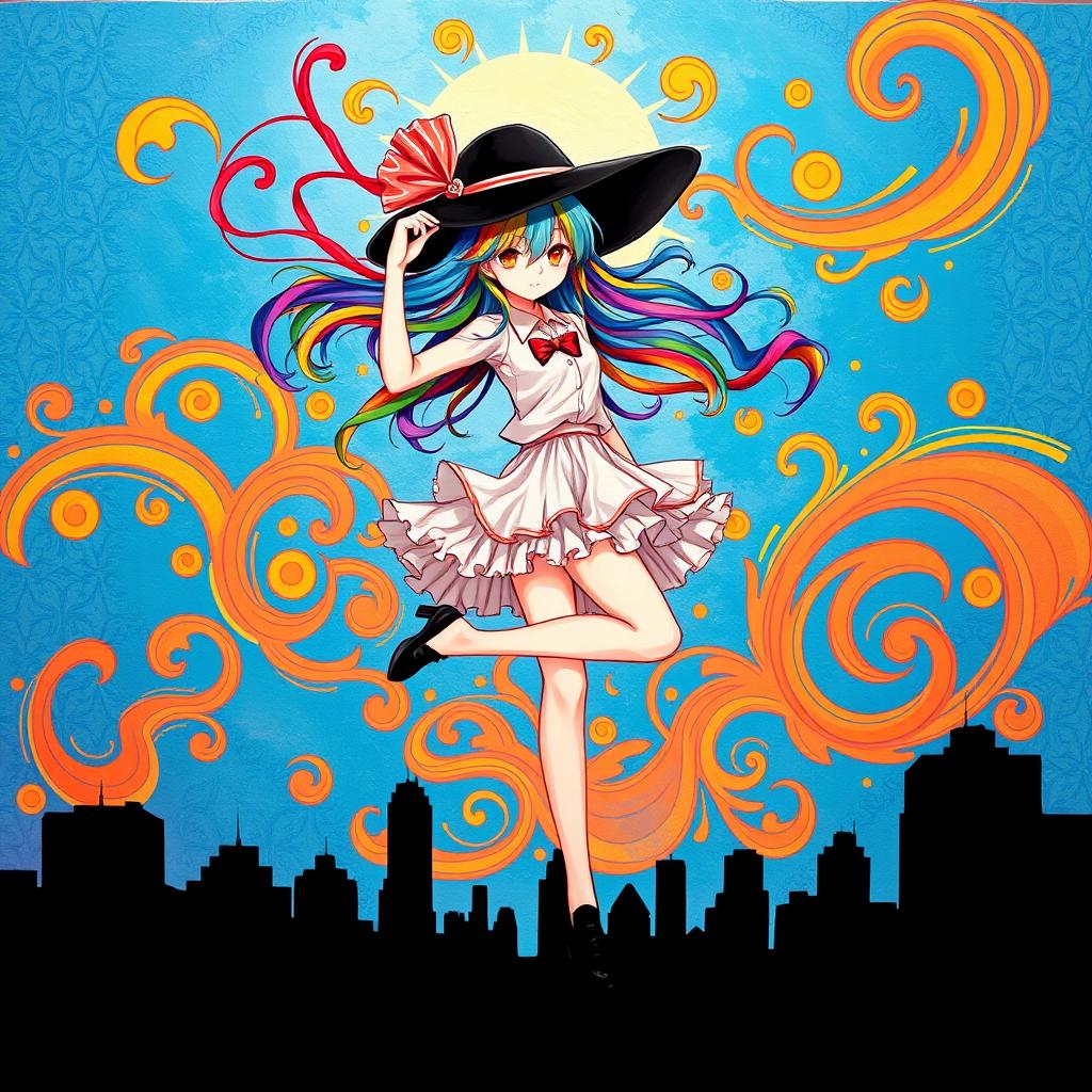 A bright and colorful illustration depicting a girl with loose multicolored hair, swirling in the sky