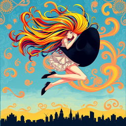 A bright and colorful illustration depicting a girl with loose multicolored hair, swirling in the sky