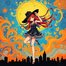 A bright and colorful illustration depicting a girl with loose multicolored hair, swirling in the sky