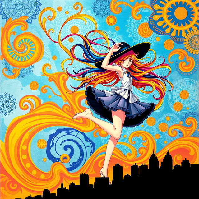 A bright and colorful illustration depicting a girl with loose multicolored hair, swirling in the sky