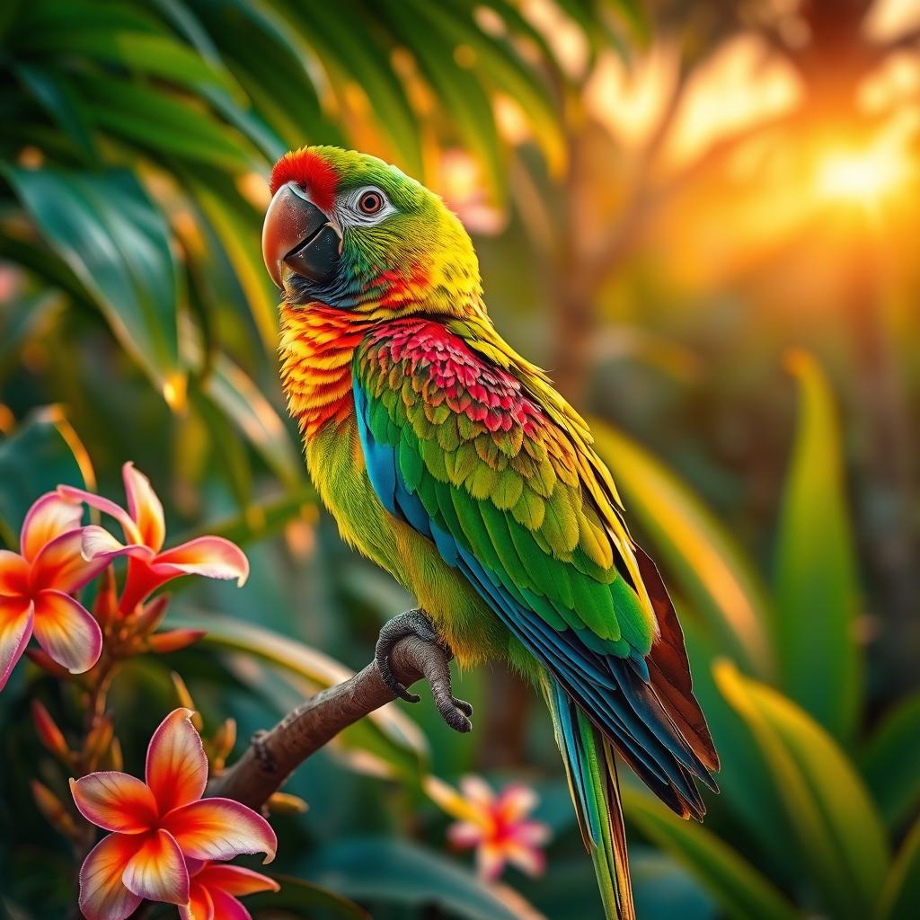 Vibrant parrot perched on a lush tropical branch, surrounded by beautiful flowers and foliage